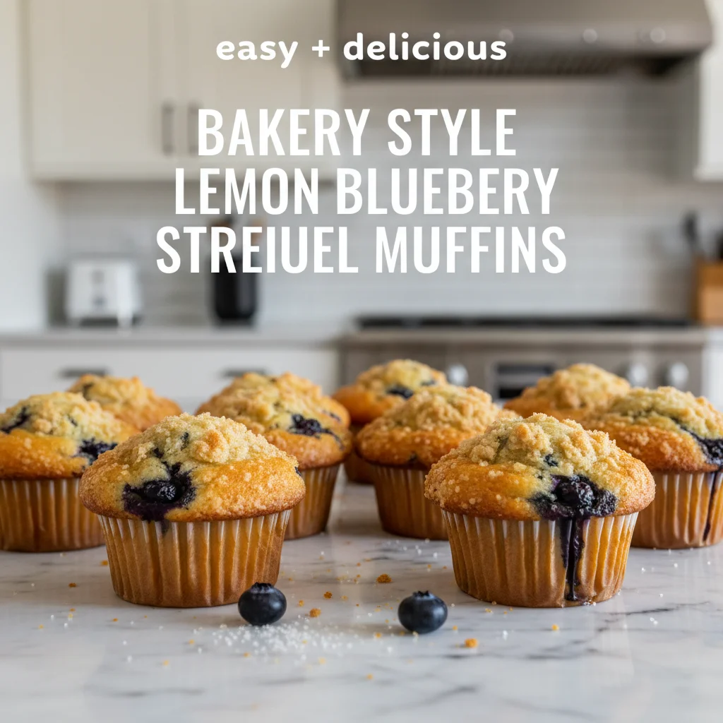 Lemon Blueberry Streusel Muffins 4 Lemon Blueberry Streusel Muffins with golden topping and fresh blueberries