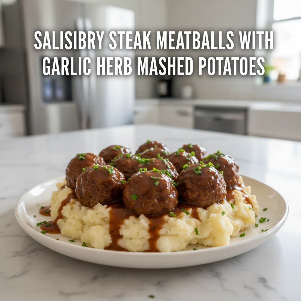 Salisbury Steak Meatballs with Garlic Herb Mashed Potatoes 2 Salisbury Steak Meatballs with Garlic Herb Mashed Potatoes