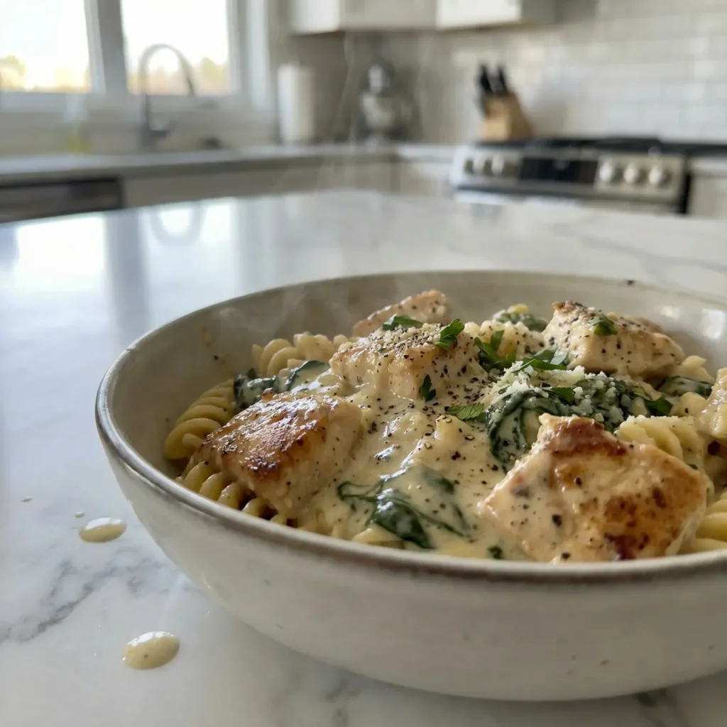 Creamy garlic parmesan chicken pasta dish garnished with herbs