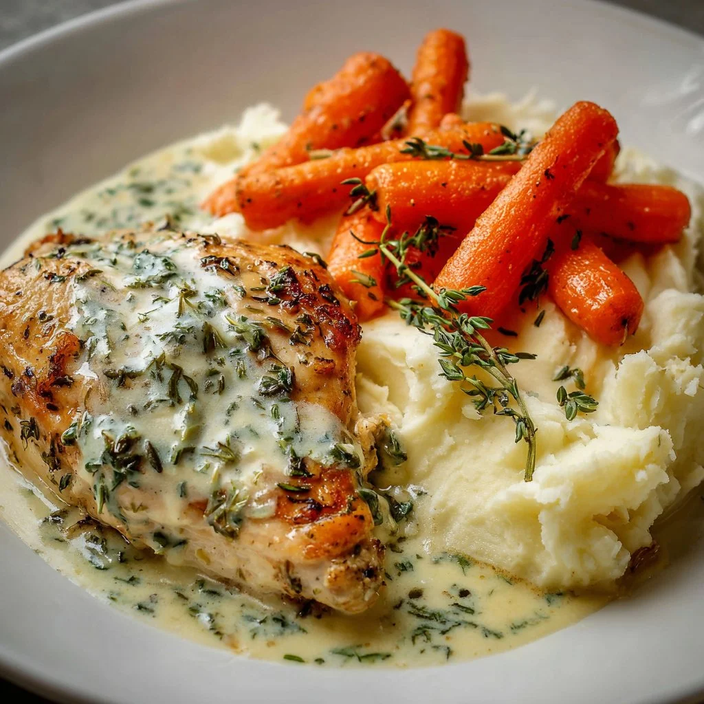 Creamy Herb Chicken with Mashed Potatoes and Honey Glazed Carrots 3 Creamy herb chicken served with mashed potatoes and honey glazed carrots.