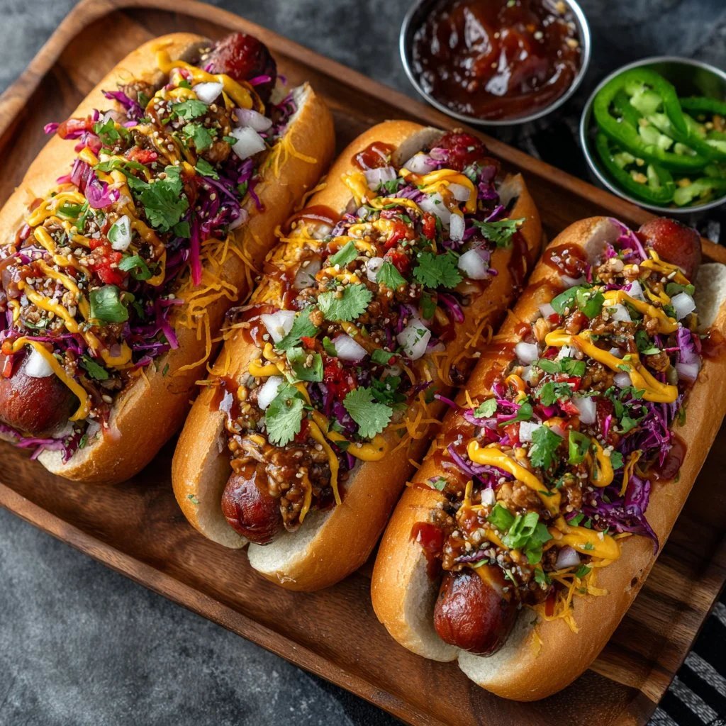 Flavorful Firecracker Hot Dogs 3 Delicious Firecracker Hot Dogs topped with vibrant condiments and spices