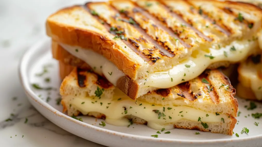 Garlic Bread Grilled Cheese sandwich melting with cheese and crispy garlic bread