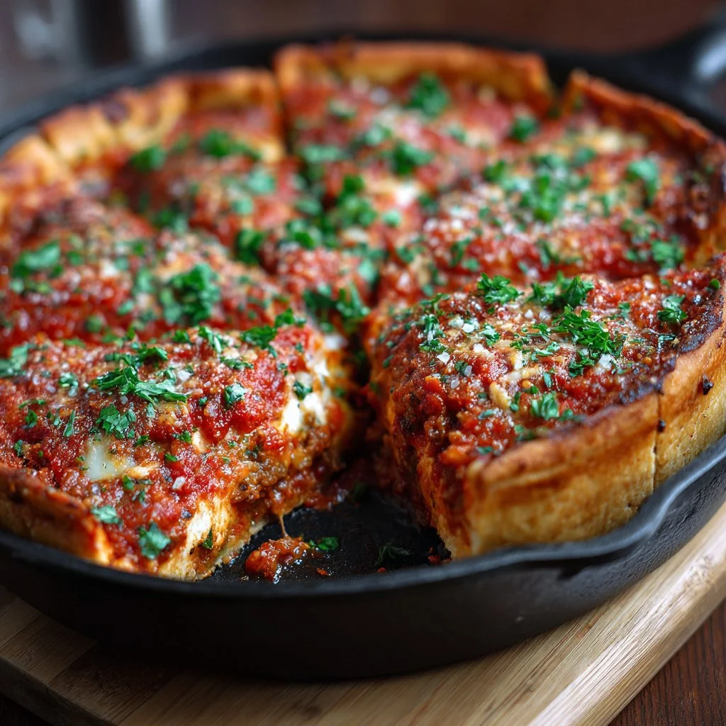 Homemade Chicago Style Deep Dish Pizza 3 Homemade Chicago Style Deep Dish Pizza with cheese and fresh toppings