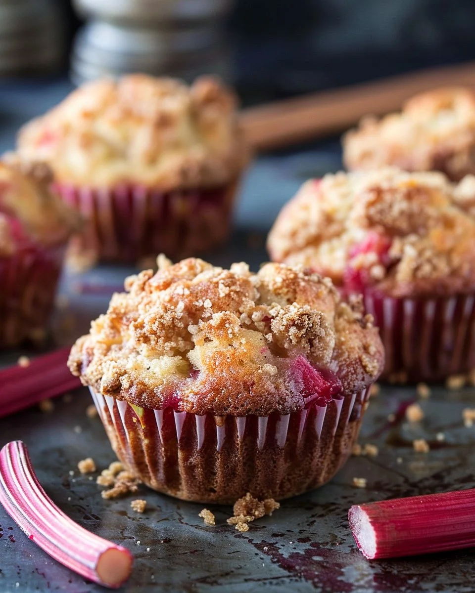 Delicious upside down rhubarb muffins with a sweet glaze and fresh rhubarb.