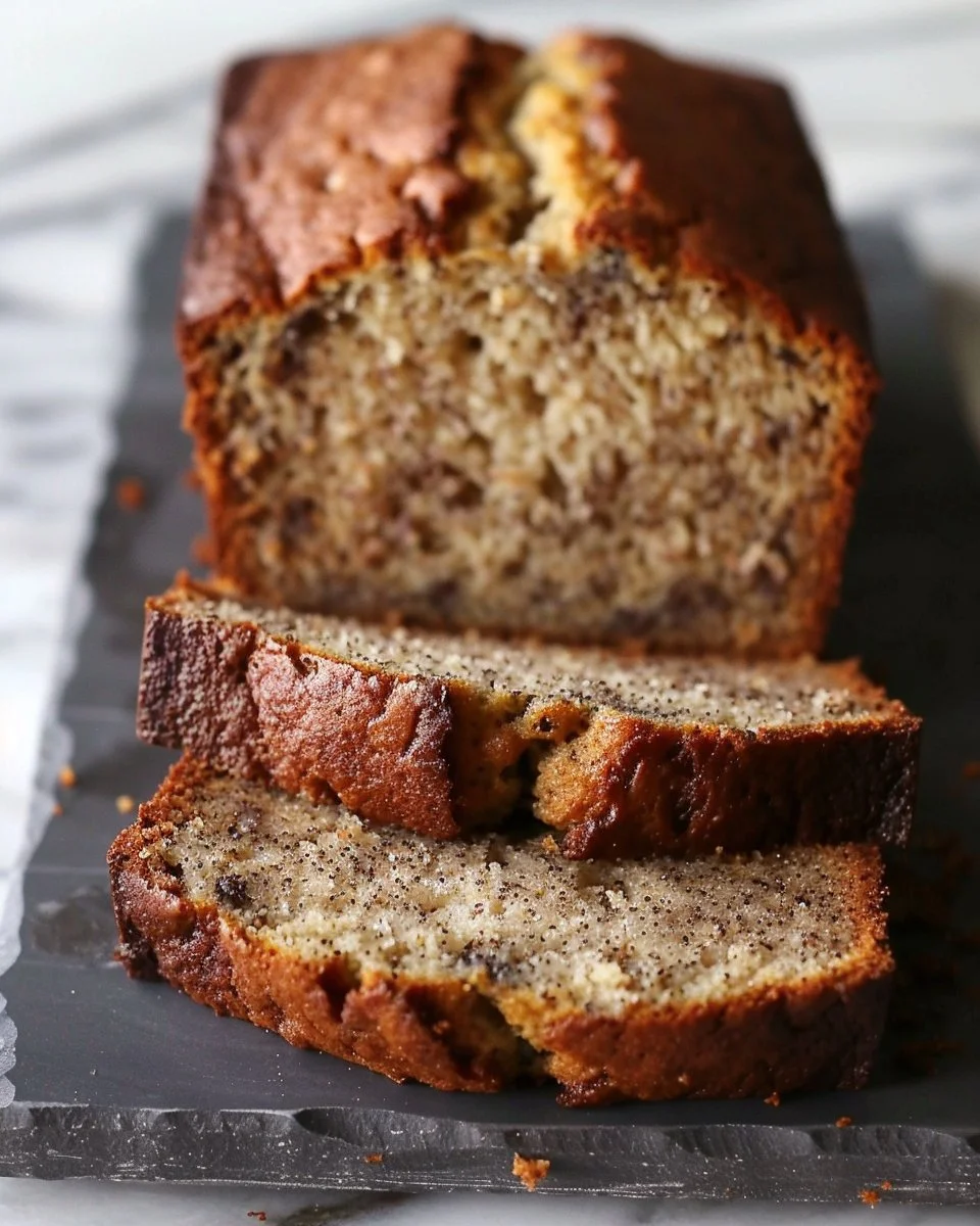 Freshly baked perfect banana bread loaf on a wooden table