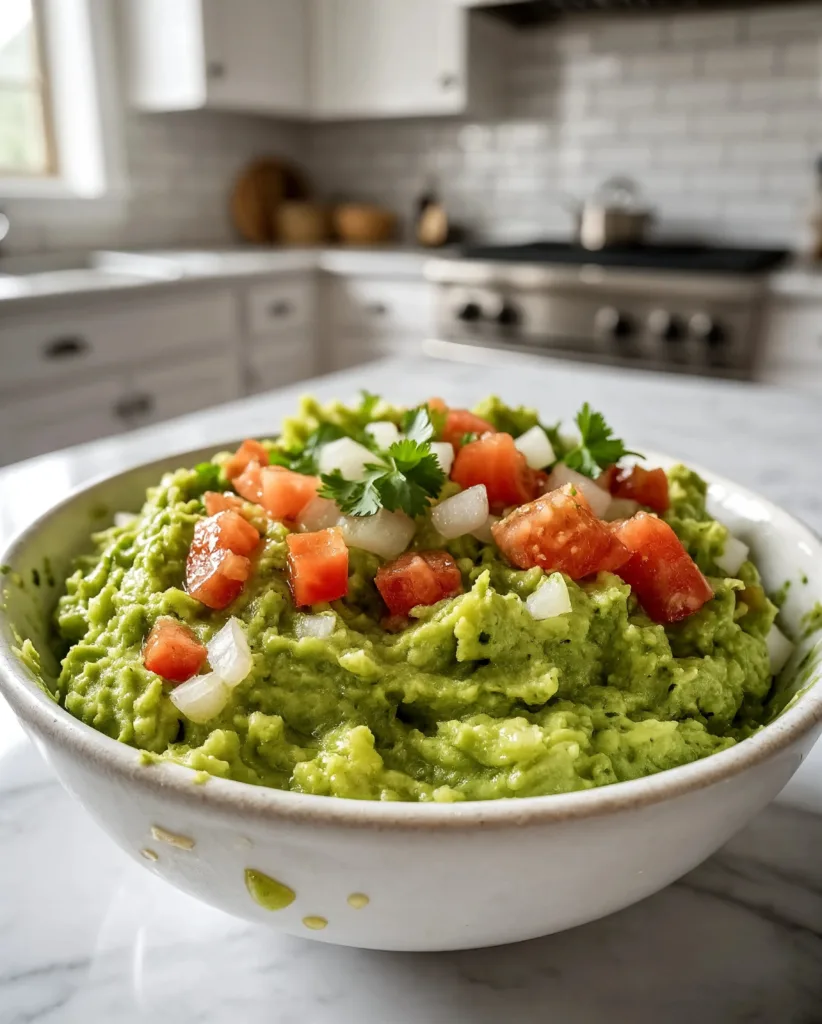 Delicious homemade restaurant-worthy guacamole served in a bowl with tortilla chips.
