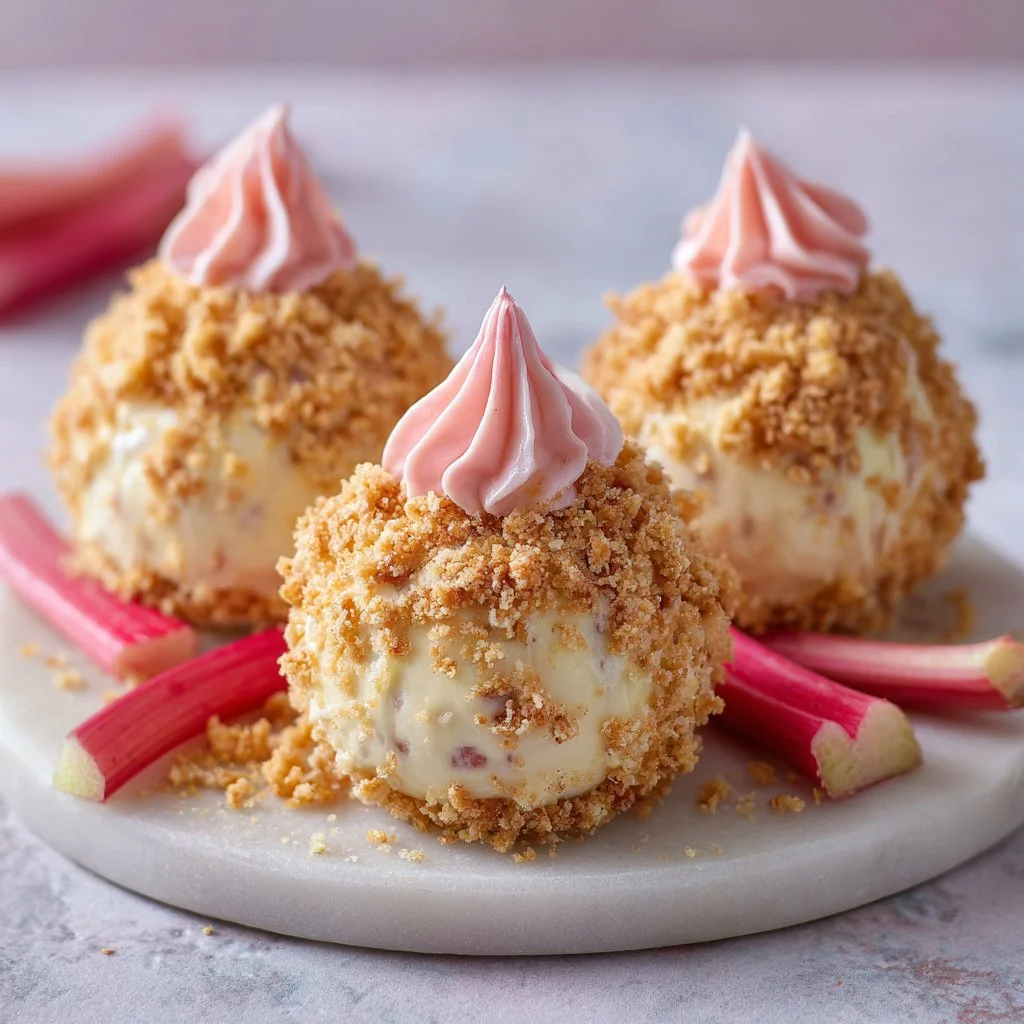 Rhubarb Cheesecake Bombs 3 Rhubarb cheesecake bombs delicately arranged on a dessert plate