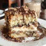 A delicious slice of versatile coffee cake with a drizzle of icing on top.