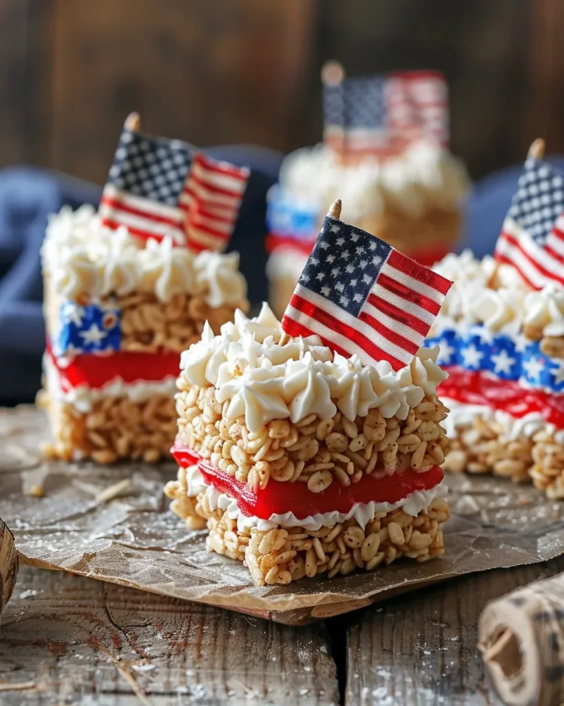 Patriotic American Flag Rice Krispie Treats displaying red, white, and blue colors