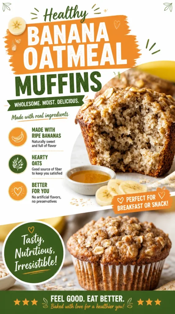Freshly baked banana oatmeal muffins on a wooden table