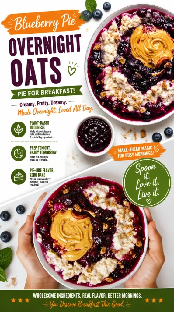 Delicious blueberry pie overnight oats in a bowl with fresh blueberries on top.