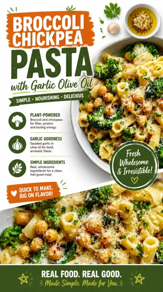 A bowl of Broccoli Chickpea Pasta with Garlic Olive Oil garnished with fresh herbs
