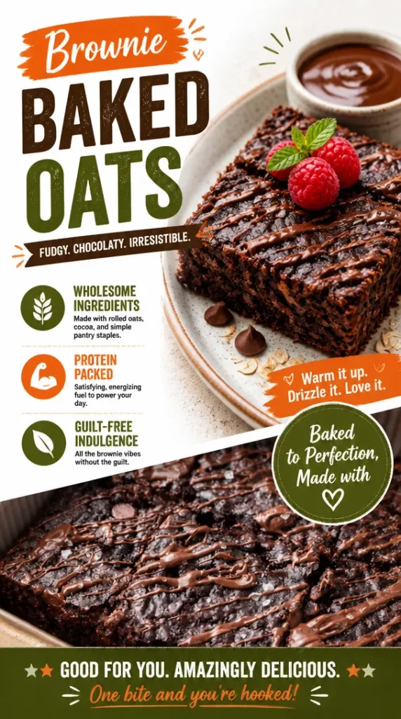 Delicious brownie baked oats served in a bowl, topped with chocolate chips.