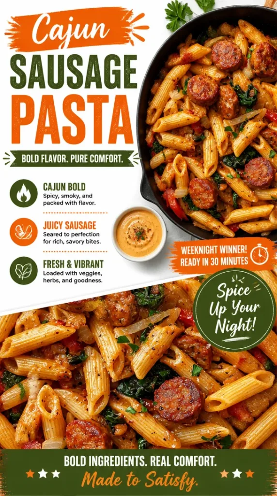 A delicious plate of Cajun Sausage Pasta with peppers and creamy sauce.