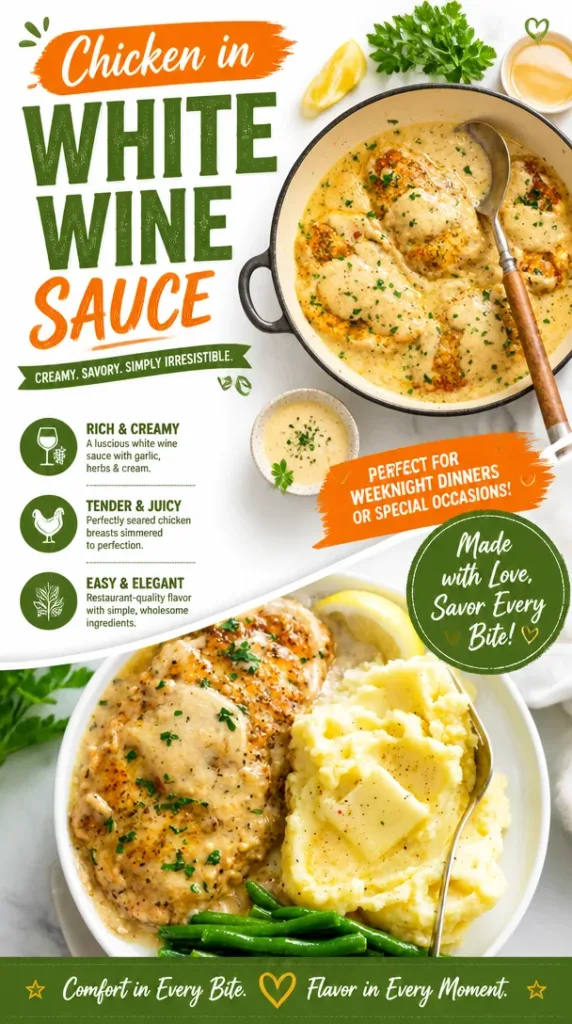 Delicious Chicken in White Wine Sauce served with herbs and vegetables.