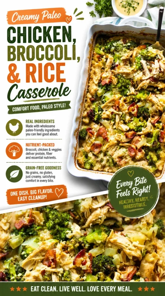 Creamy Paleo Chicken, Broccoli, and Rice Casserole served in a bowl