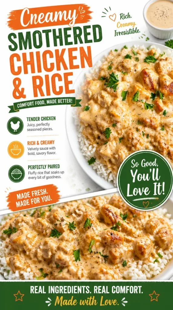 Delicious creamy smothered chicken served with rice on a white plate