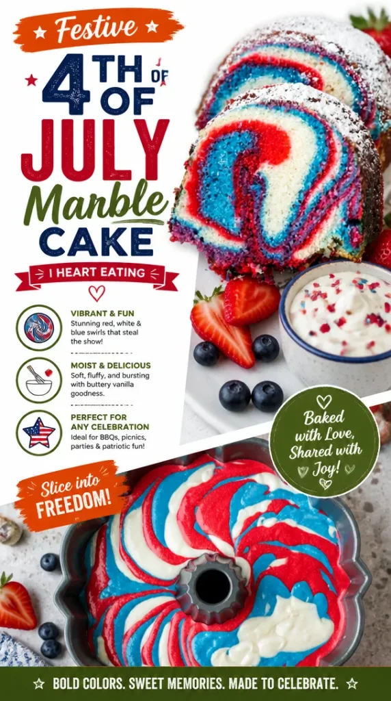 Festive 4th of July marble cake with red, white, and blue layers