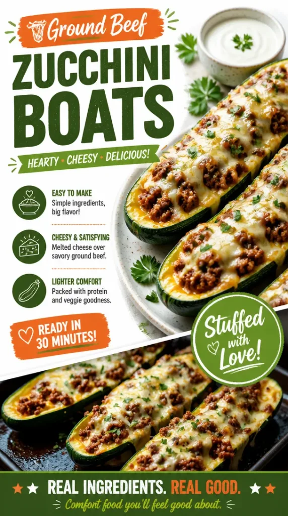 Ground Beef Zucchini Boats ready to serve, healthy and flavorful dish.