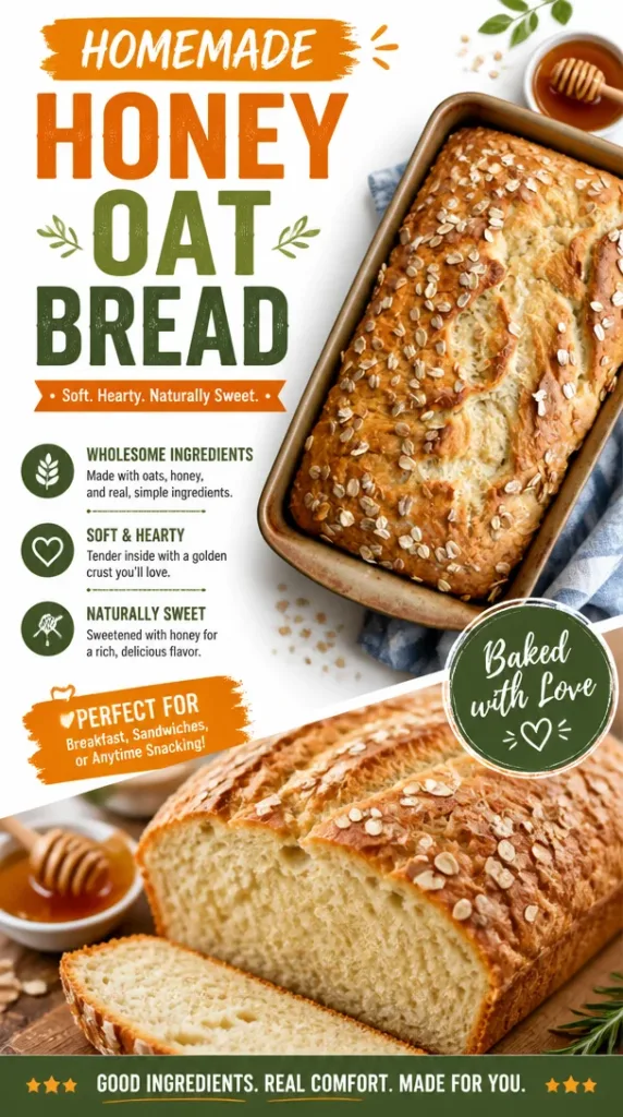Freshly baked homemade honey oat bread on a wooden cutting board