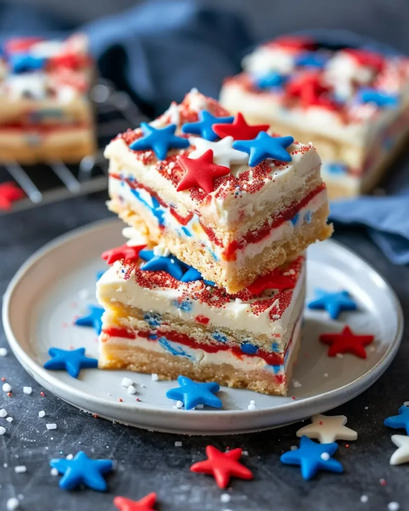 Patriotic sugar cookie bars decorated with red, white, and blue for 4th of July.