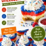 Red, White and Blue Mini Cheesecakes on a decorative plate for a festive dessert.