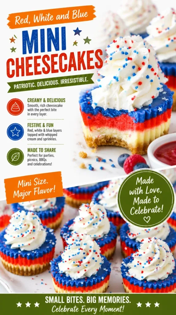 Red, White and Blue Mini Cheesecakes on a decorative plate for a festive dessert.