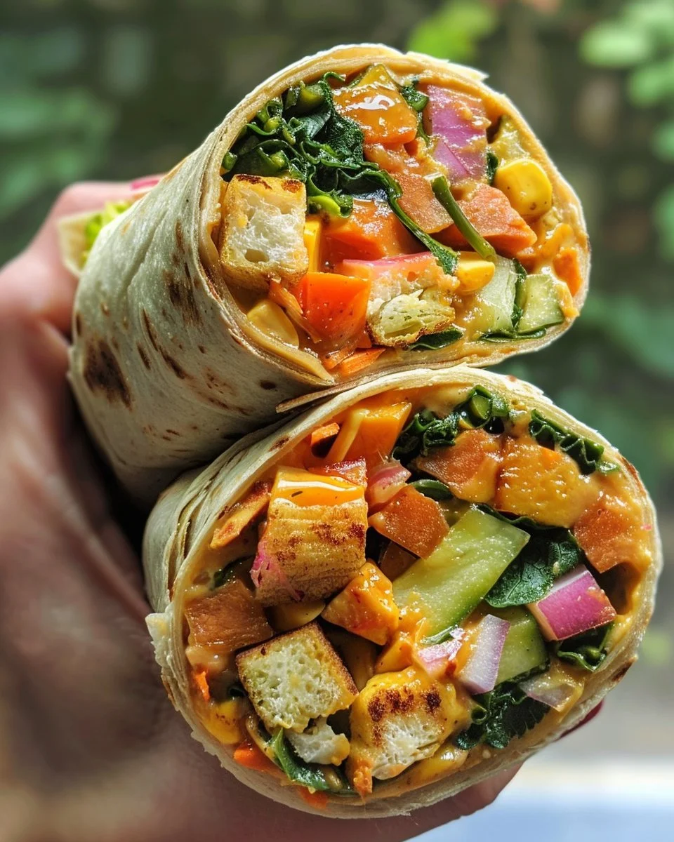 A colorful summer lunch wrap with fresh ingredients on a wooden table