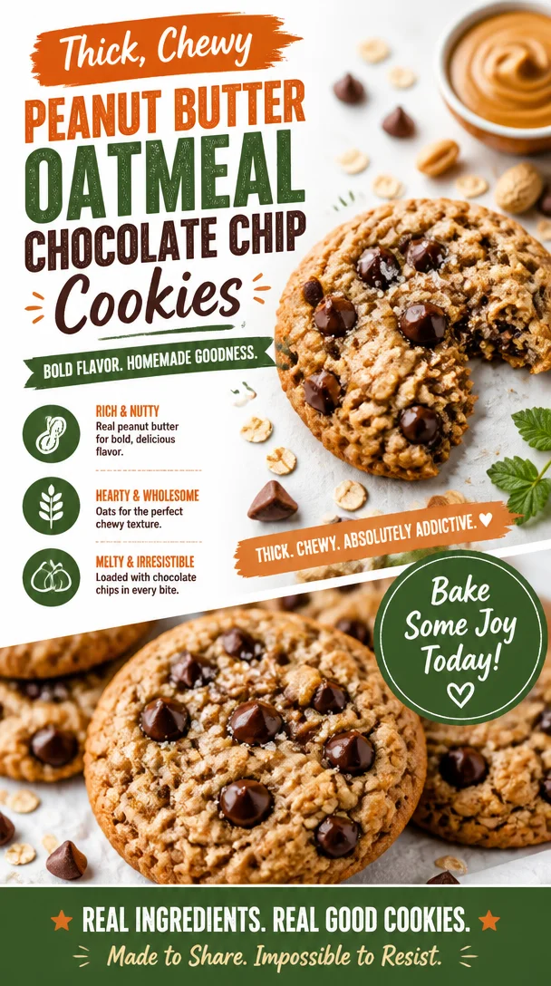 Thick, Chewy Peanut Butter Oatmeal Chocolate Chip Cookies 2 Thick, Chewy Peanut Butter Oatmeal Chocolate Chip Cookies