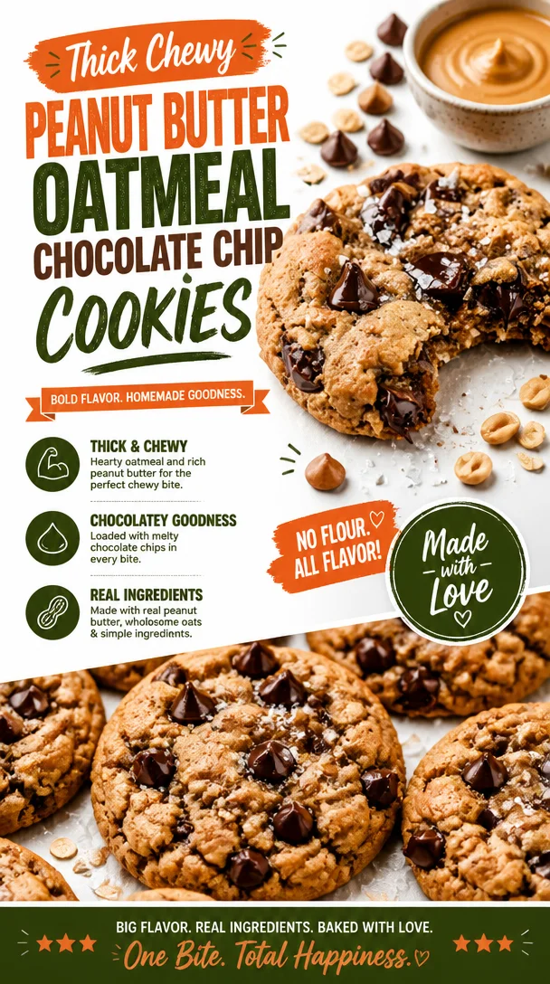 Thick Chewy Peanut Butter Oatmeal Chocolate Chip Cookies 2 Thick Chewy Peanut Butter Oatmeal Chocolate Chip Cookies