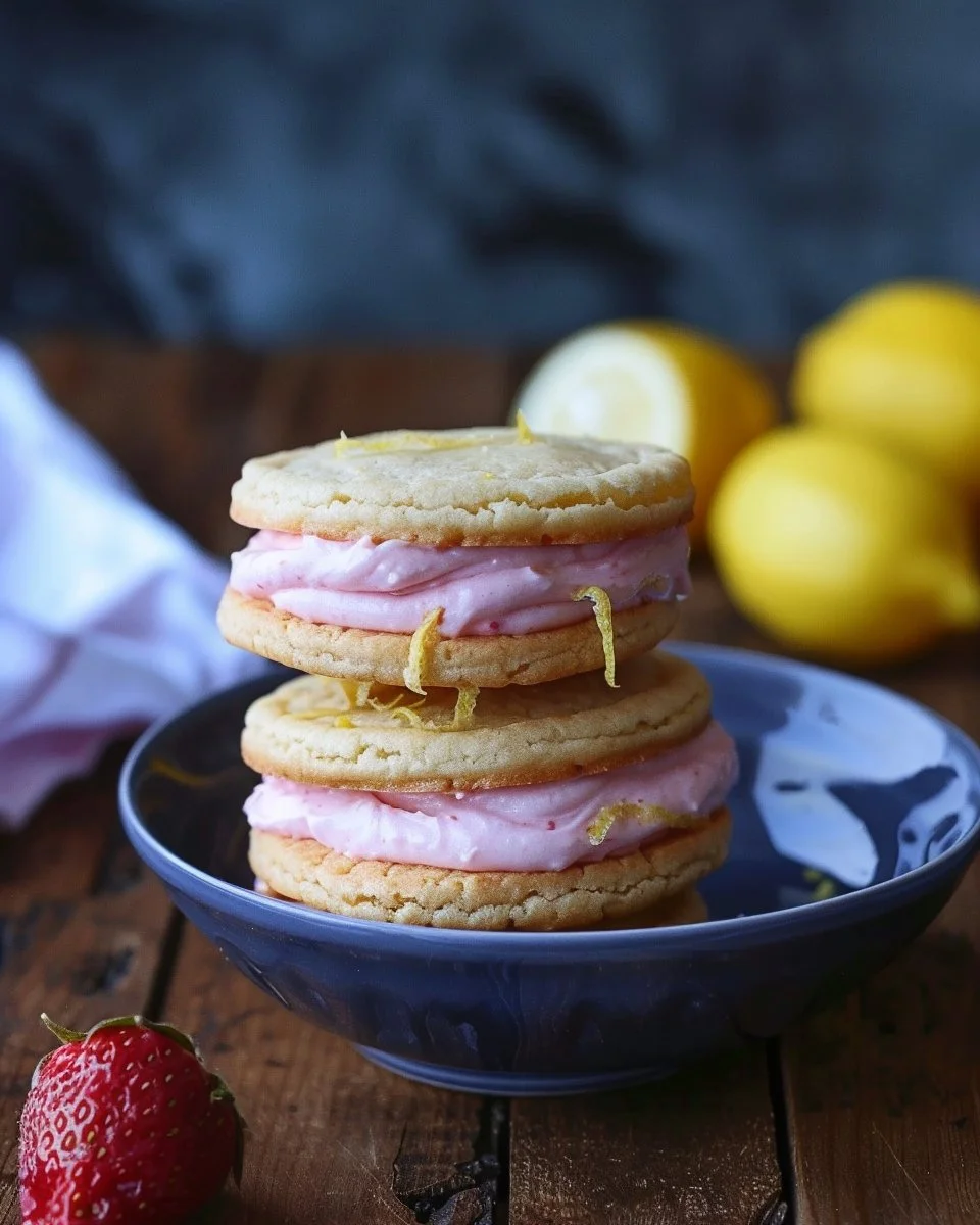 Lemon Sandwich Cookies with Strawberry Frosting 2 Lemon Sandwich Cookies with Strawberry Frosting