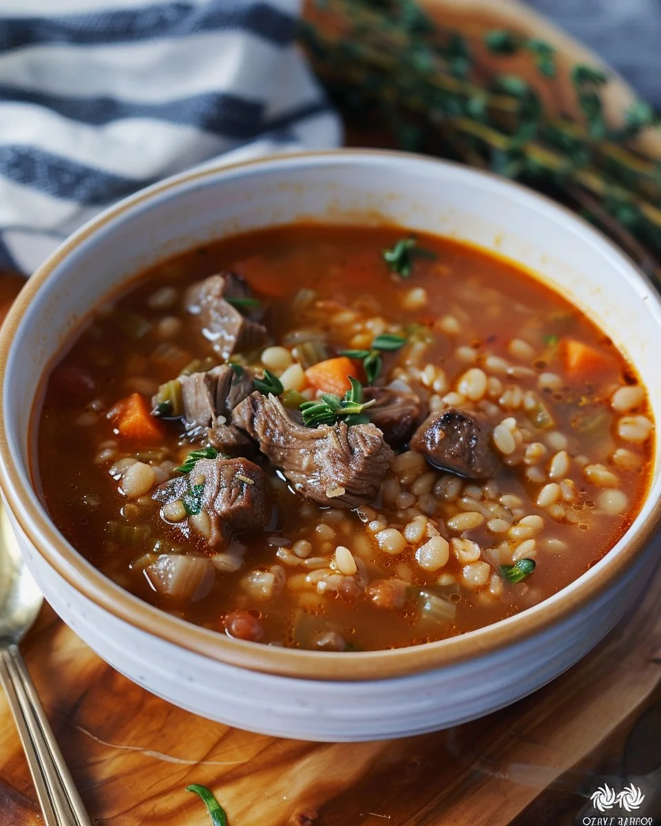 Bowl of hearty beef barley soup with vegetables and herbs
