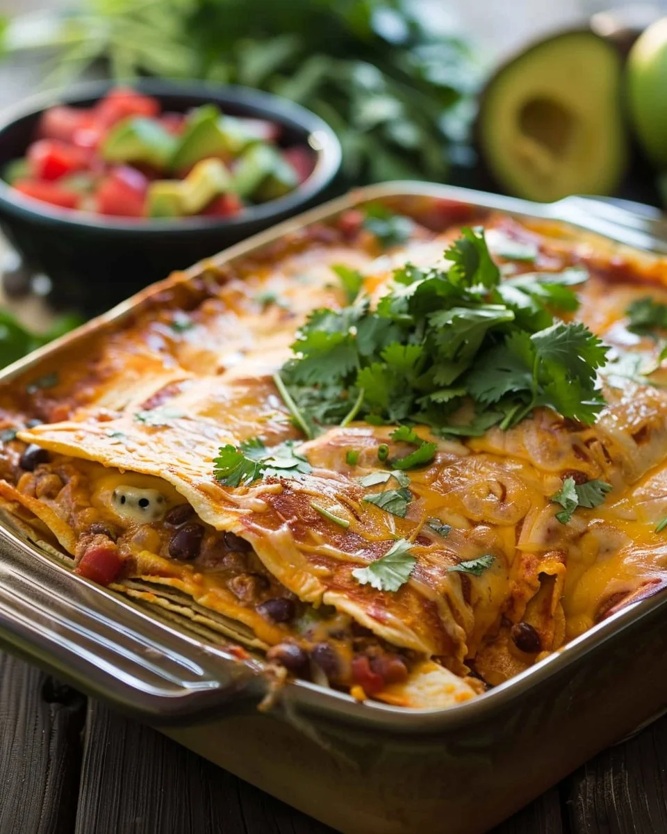 Delicious beef enchilada casserole topped with cheese and fresh herbs.