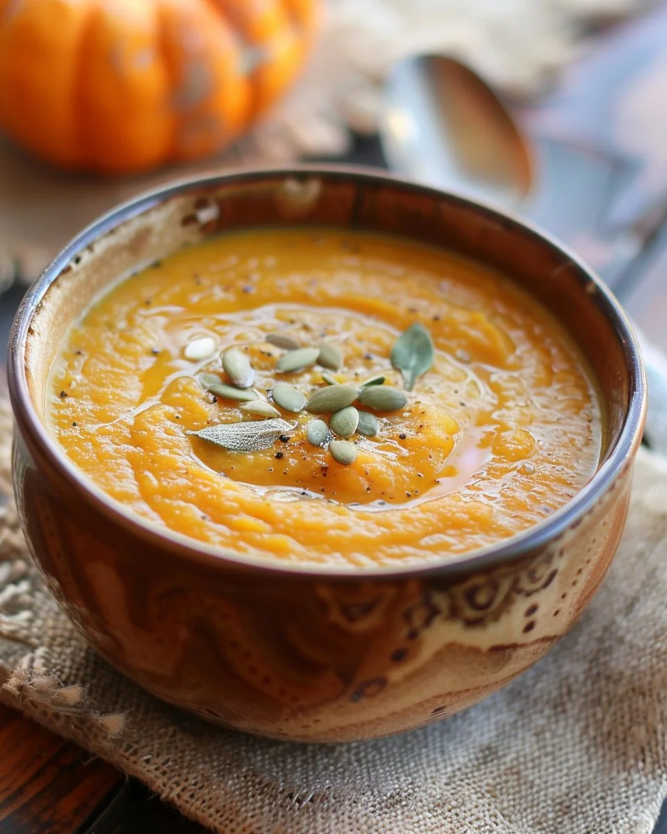 Bowl of delicious homemade pumpkin soup topped with herbs