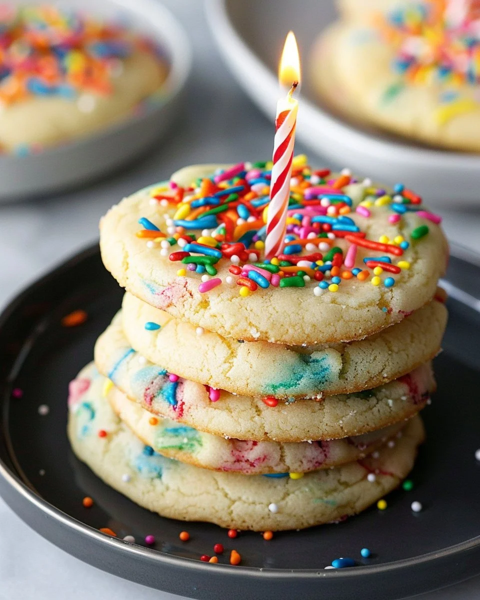 Colorful birthday cake cookies decorated with sprinkles and frosting