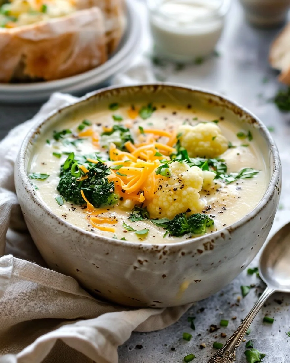 Creamy broccoli cauliflower soup served in a bowl with fresh herbs