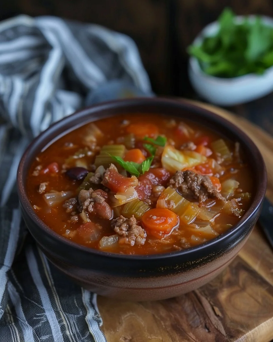 Bowl of hearty cabbage roll soup garnished with fresh herbs