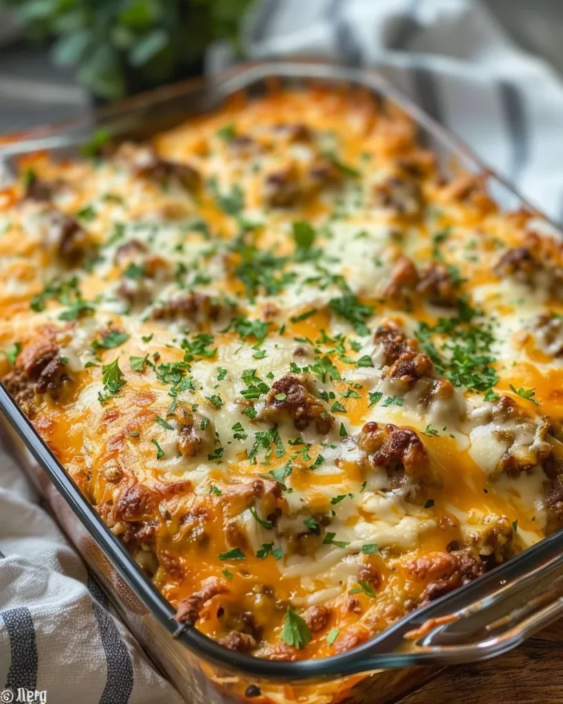 home 3 Cheesy Loaded Meatloaf Casserole topped with melted cheese and herbs