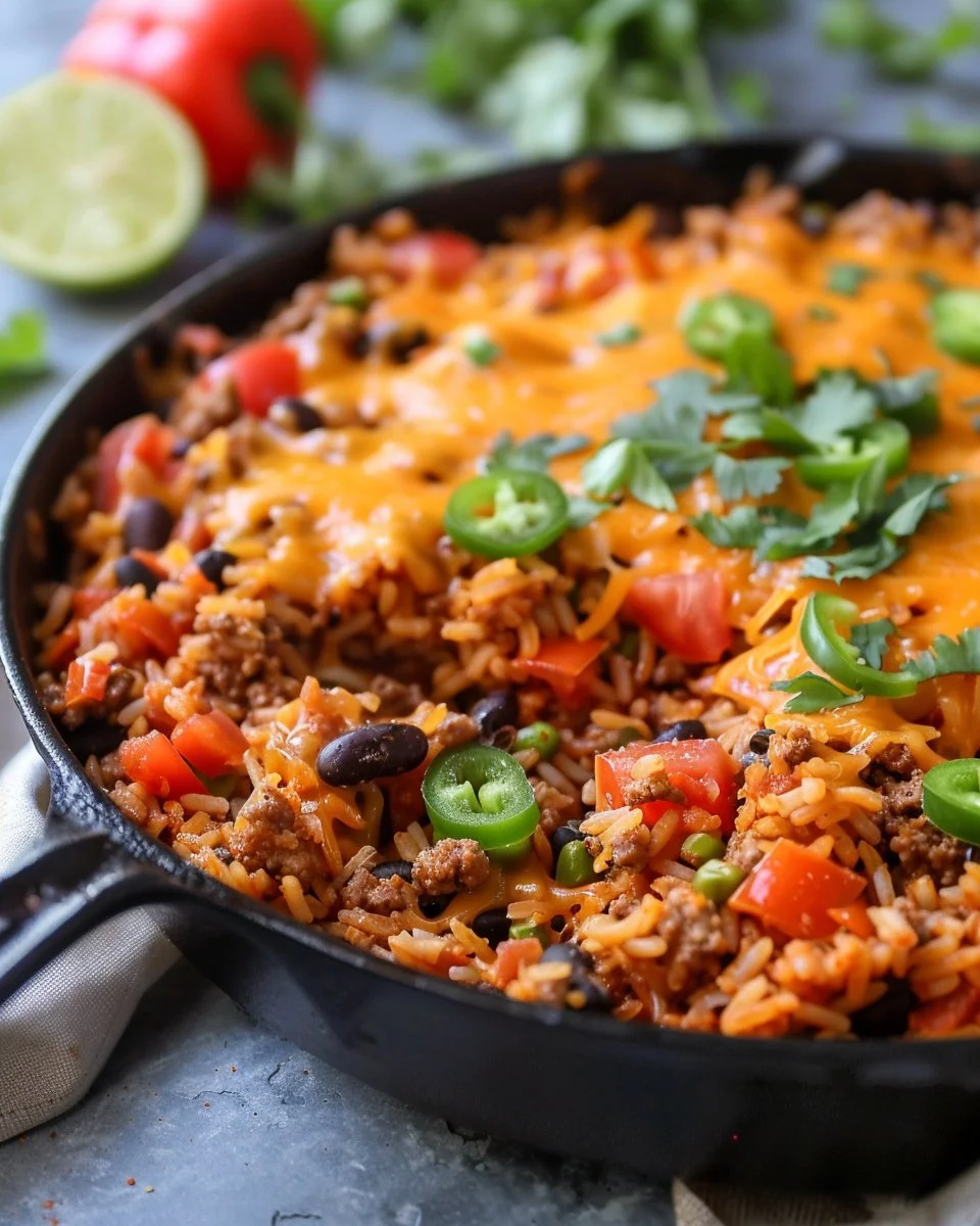 Cheesy Taco Rice Skillet with colorful toppings and melted cheese