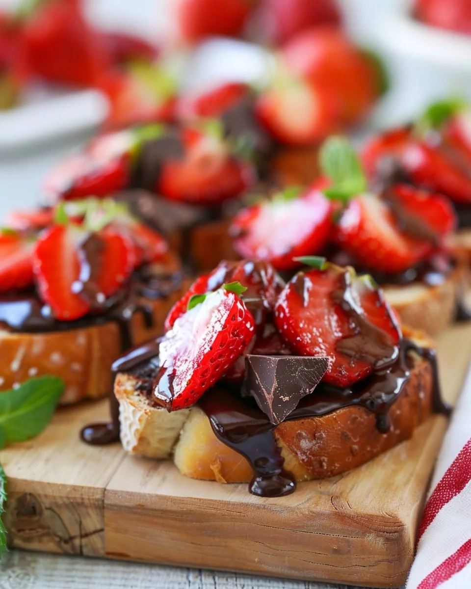 Chocolate Strawberry Bruschetta topped with fresh strawberries and drizzled chocolate