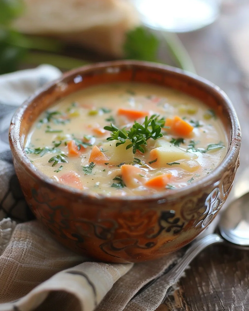 Bowl of creamy vegetable soup garnished with fresh herbs and vegetables