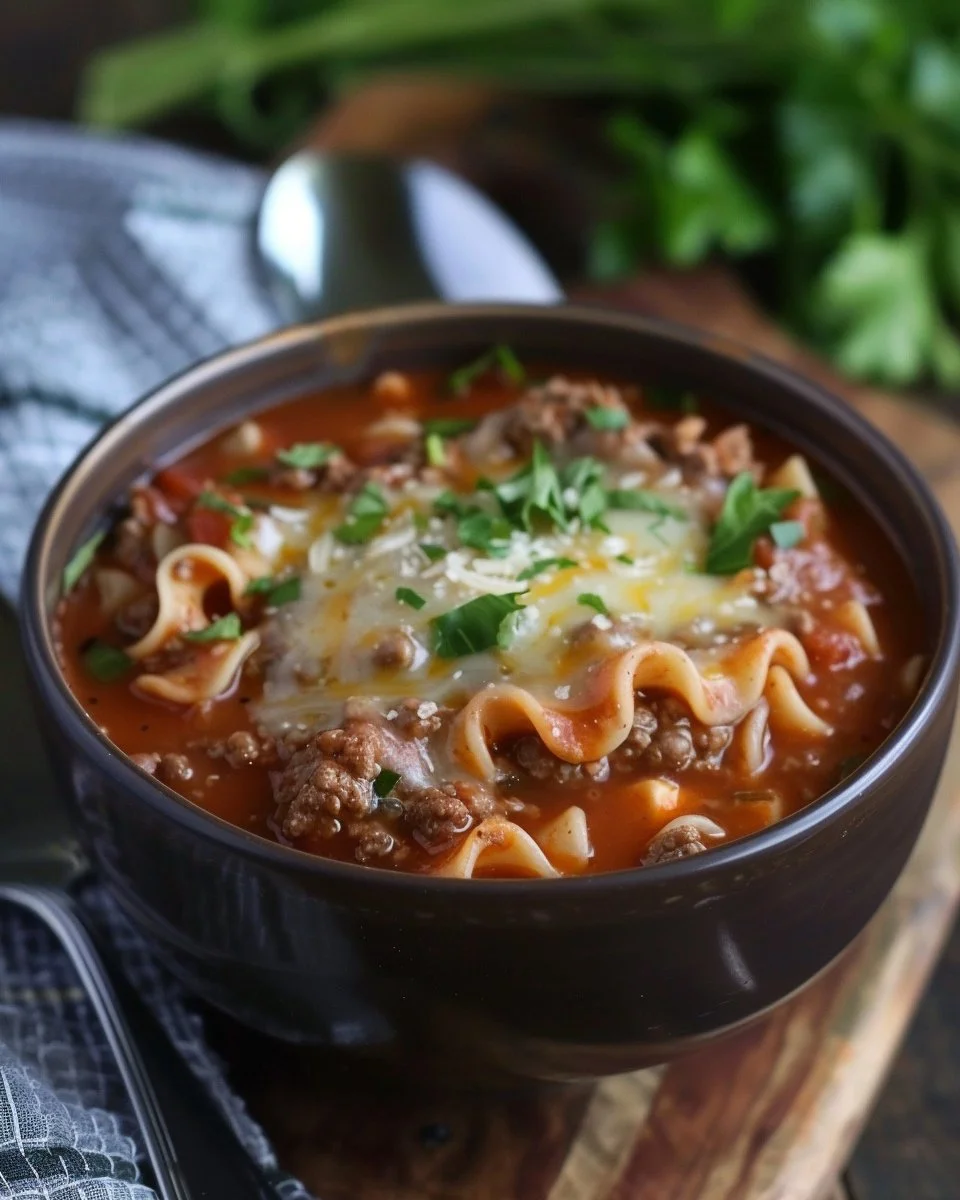 Delicious Crockpot Lasagna Soup topped with cheese and herbs