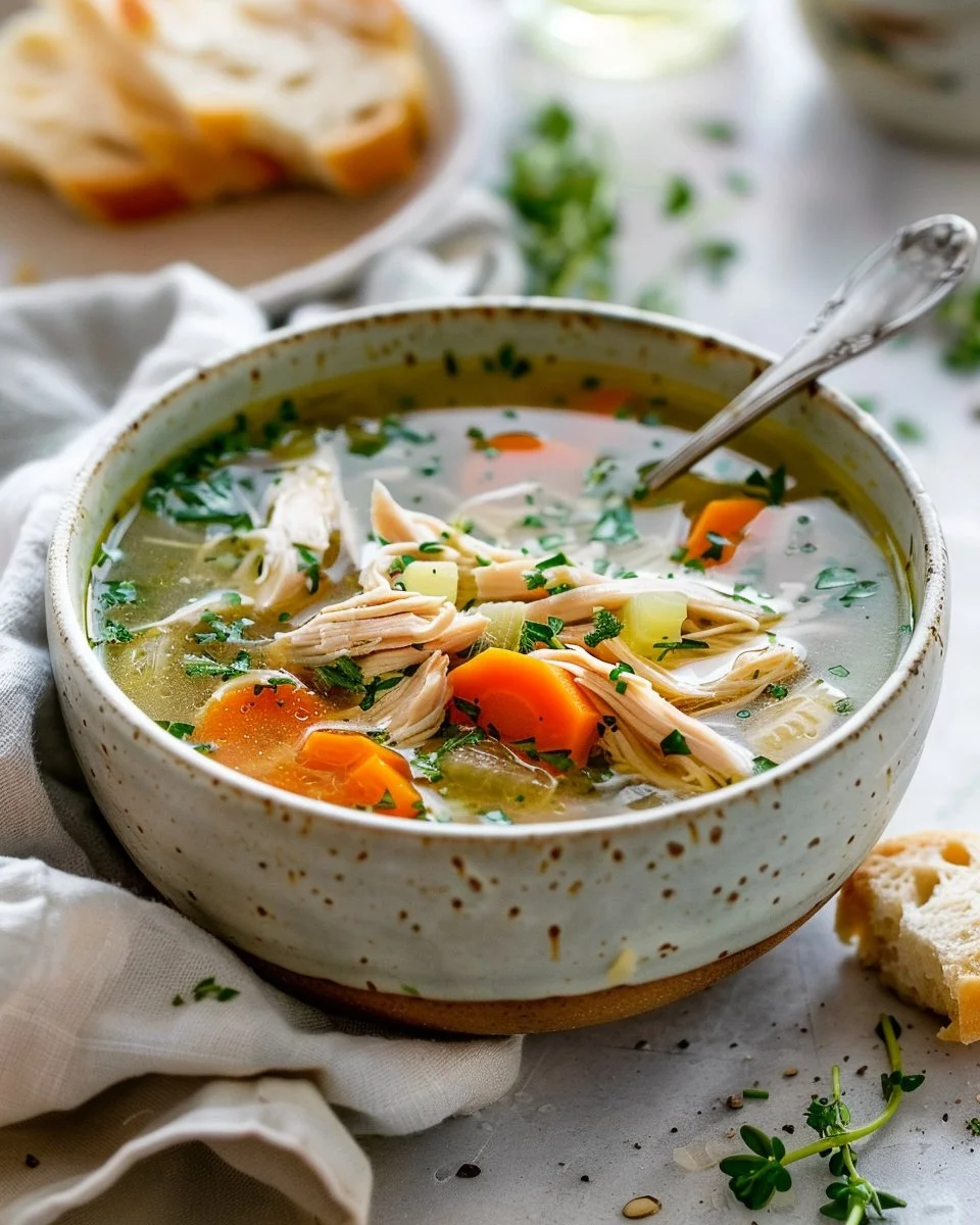 Bowl of healthy homemade chicken soup with fresh vegetables