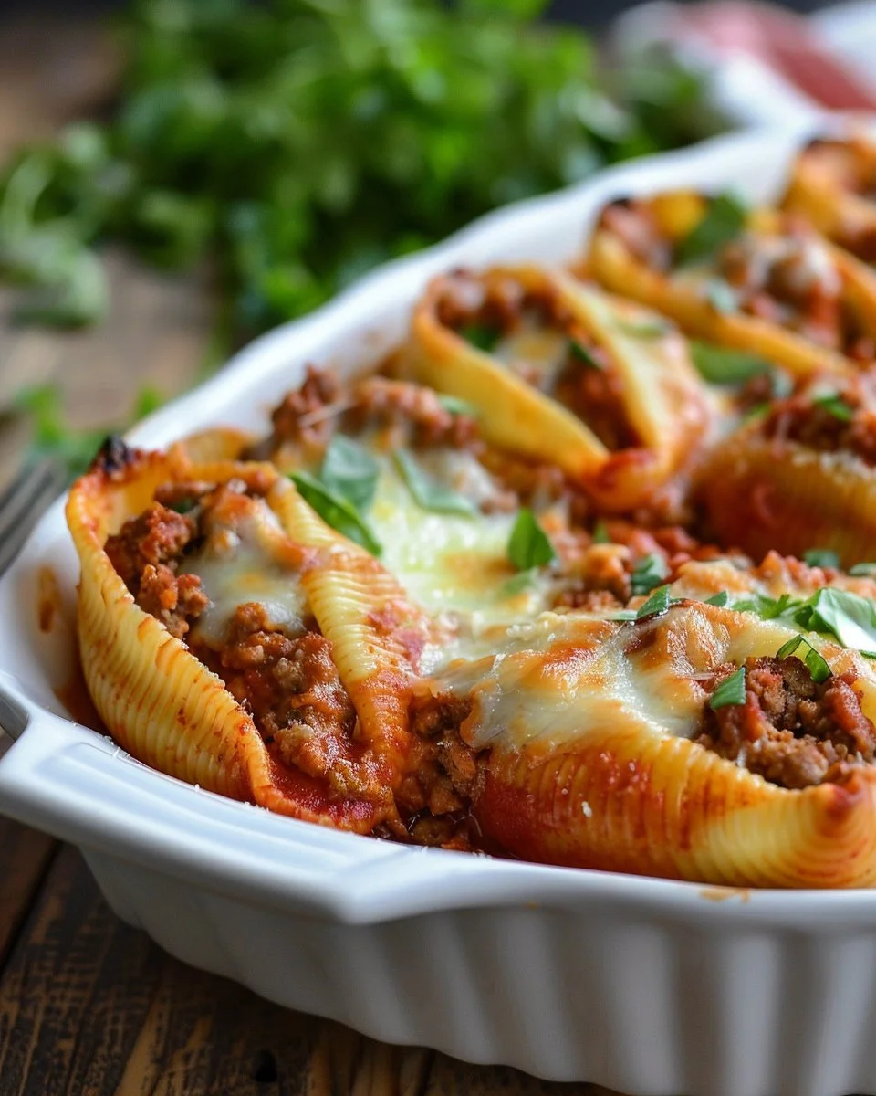 Delicious baked stuffed shells with beef and ricotta cheese