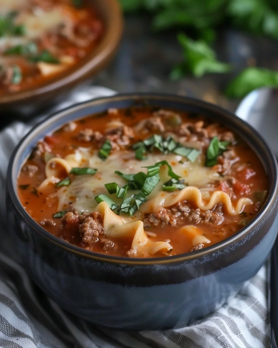 Bowl of easy creamy lasagna soup topped with cheese and herbs