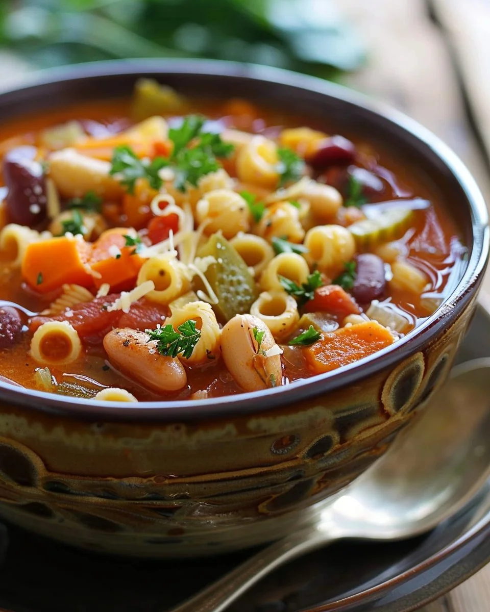 Bowl of easy minestrone soup with colorful vegetables and pasta