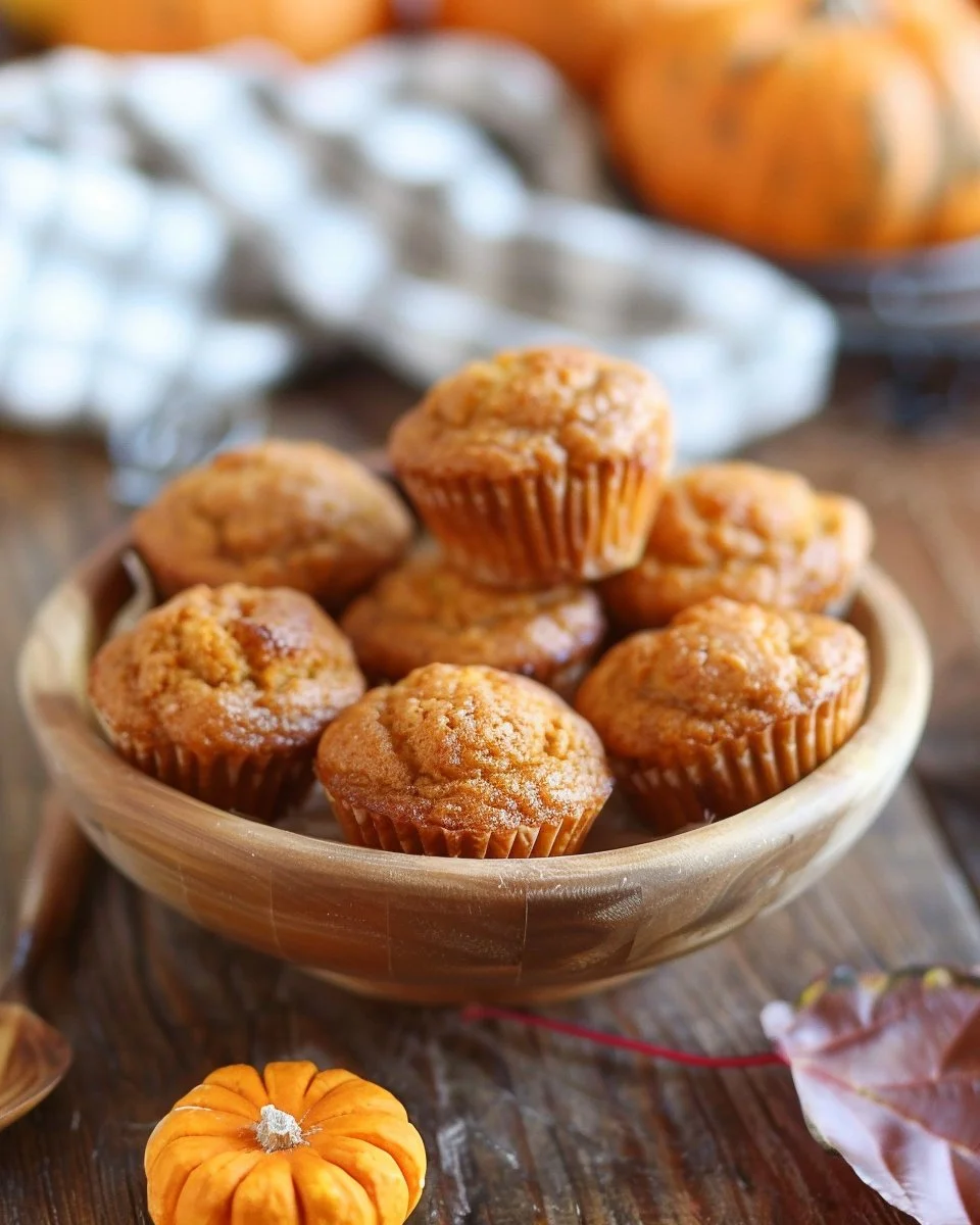 Golden brown easy mini pumpkin muffins cooling on a wire rack