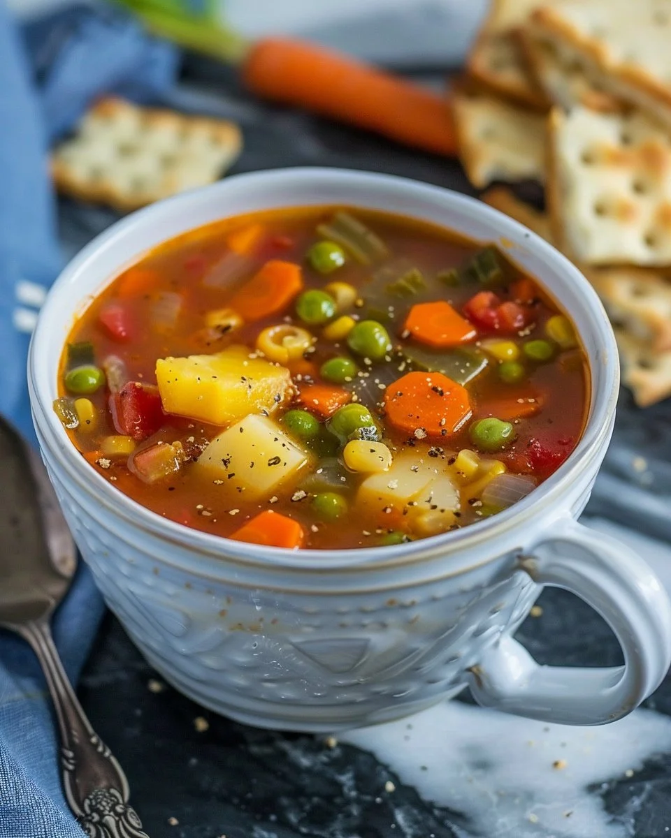 Bowl of easy vegetable soup with fresh vegetables and herbs