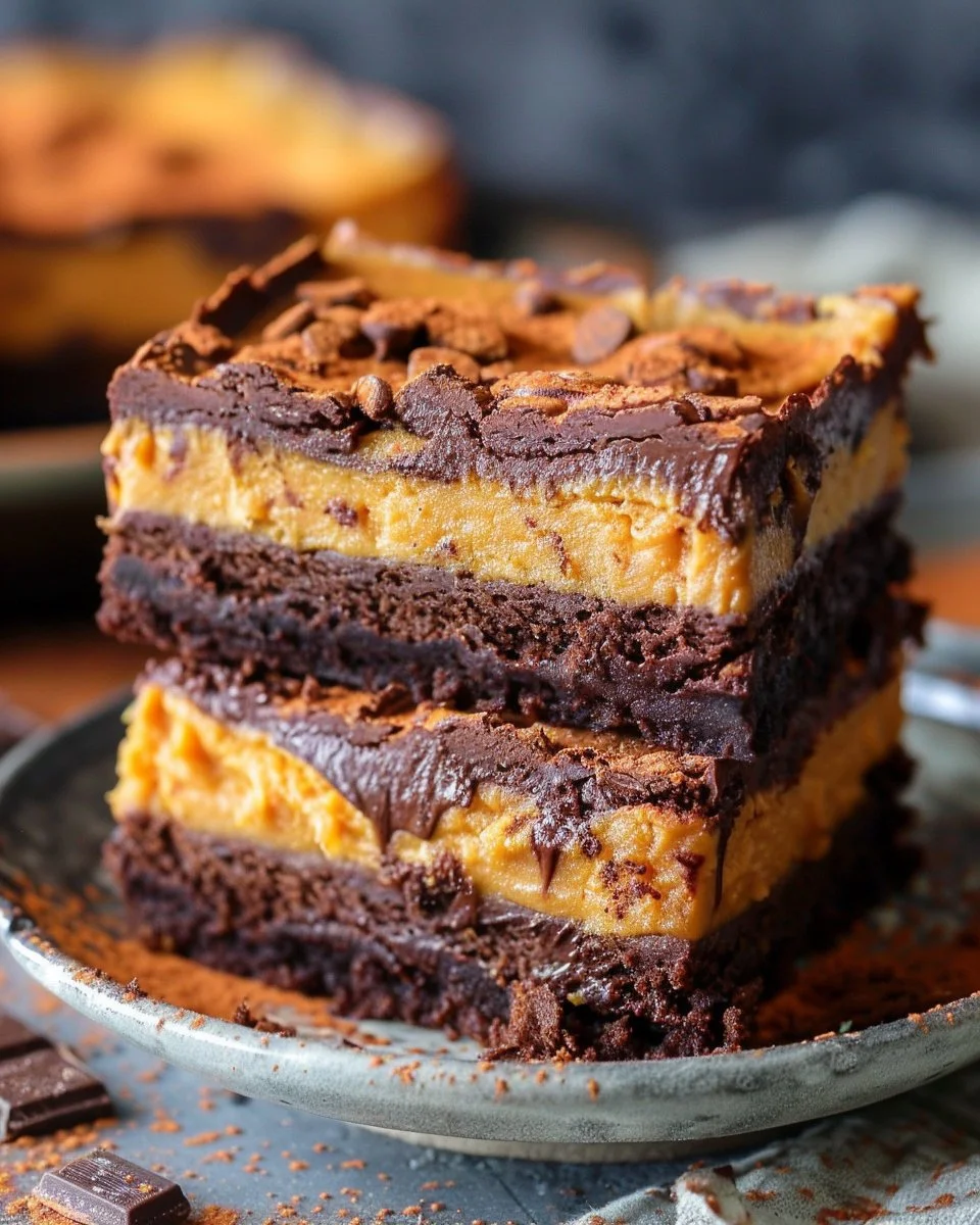 Fudgy chocolate brownie layered with creamy pumpkin pie slices
