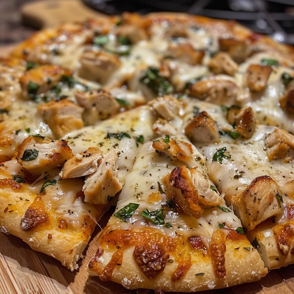 home 4 Garlic Parmesan Chicken Pizza with chicken, garlic sauce, and parmesan cheese